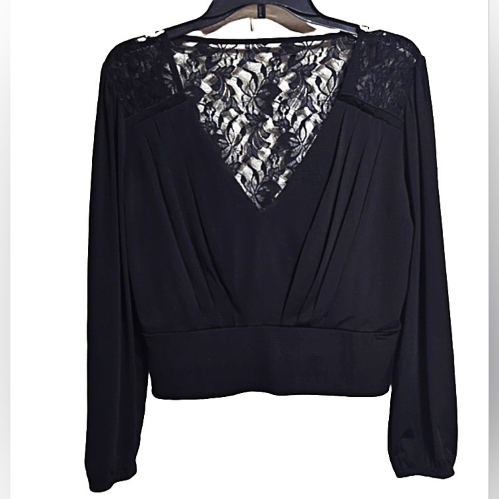 Venus Black Deep V-Neck Pleated Lace Back Blouse Medium NWOT